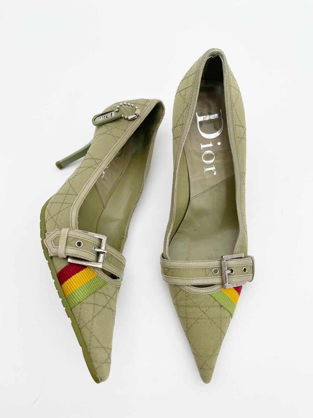 Christian Dior Vintage Green Cannage Rasta Pointed Toe Buckle Pumps Heels EU 37